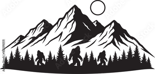Bigfoot Family Mountain Scene Silhouette – Sasquatch Forest Adventure Art
