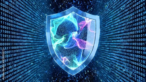 Glowing digital shield hovers amid neon code streams symbolize cyber security and sturdy resilience
