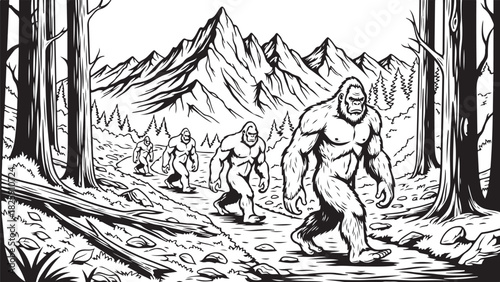 Bigfoot Family Mountain Scene Silhouette – Sasquatch Forest Adventure Art