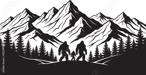 Bigfoot Family Mountain Scene Silhouette – Sasquatch Forest Adventure Art