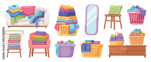 Messy Clothes Pile On Sofa And Floor With Dirty Jacket Vector Illustration