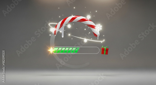 Christmas loading bar interface element featuring a swirling candy cane and glowing progress indicator with gift box icon on gray background