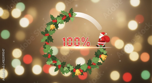 Christmas loading bar animation with santa claus completing a holly wreath progress circle against a festive bokeh background