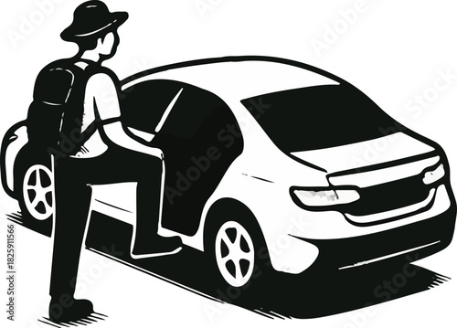 traveler exiting car illustration, adventurer stepping out of car, man with backpack leaving car