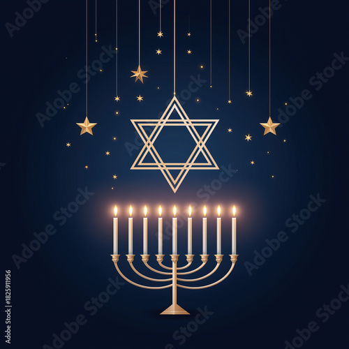Elegant golden menorah with burning candles celebrates traditional Jewish Hanukkah festival beautifully.