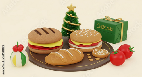 Festive 3d render of cute cartoon christmas food platter with hamburger, bread, tomato, and small tree