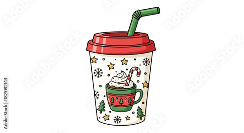 Cute cartoon drawing of a festive holiday winter drink in a disposable cup with whipped cream and candy cane