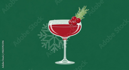 Festive red cocktail garnished with cranberries and evergreen sprig, illustrated against a deep green background with a subtle snowflake outline