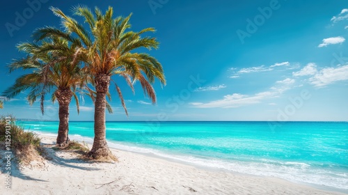 Two tall palm trees stand on a sandy beach next to the clear turquoise ocean. The bright blue sky enhances the serene atmosphere making it a perfect day for relaxation.