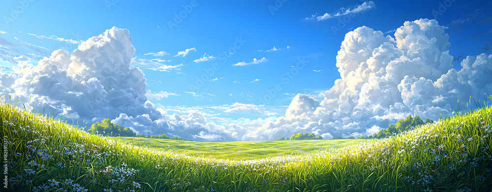 Fototapeta premium Wide-Format Summer Meadow Landscape Featuring Rolling Grass, Fluffy Wind-Swept Clouds, and Clear Bright Blue Sky