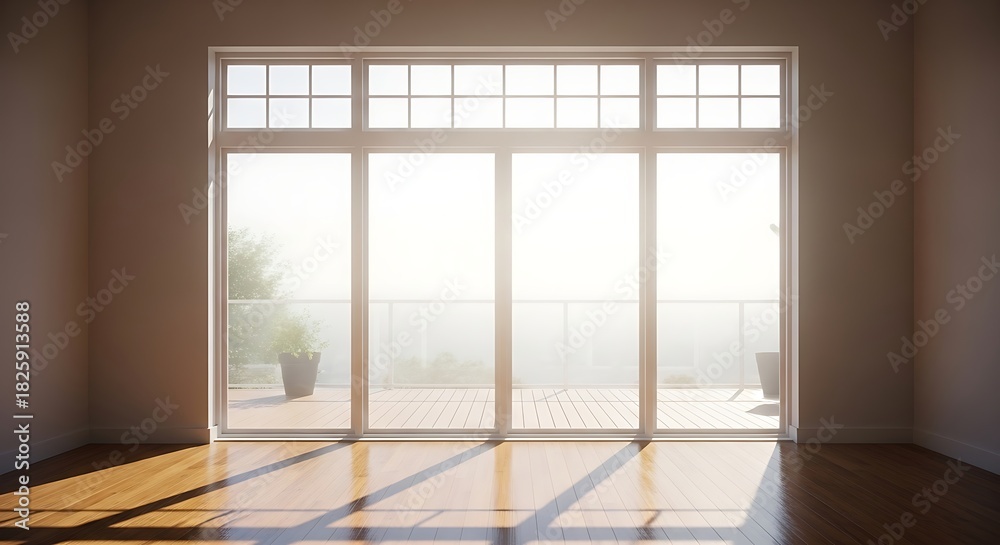 Obraz premium Large glass sliding doors opening to a sunny balcony with wooden floor glass doors