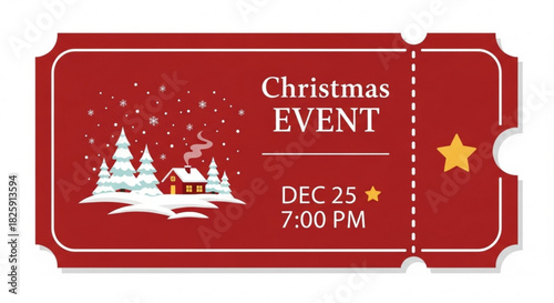 Festive red christmas event ticket template with snowy winter scene, cabin, pine tree, and star detail for holiday celebration invitation or flyer design