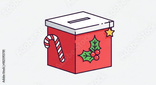Isometric illustration of a red christmas donation or suggestion box decorated with a candy cane, holly, and a star, perfect for holiday charity