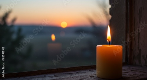 Burning Candle on Windowsill at Sunset