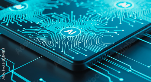An eye-level view, artificial intelligence on a printed circuit board. Capturing the digital intelligence and technological advancements.
