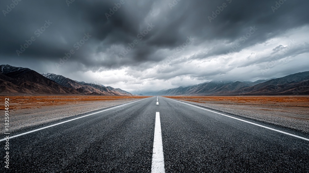 Naklejka premium Open Road Leading Through a Dramatic Landscape Under a Stormy Sky