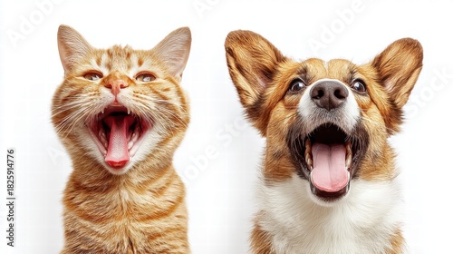 A yawning cat and a dog with its mouth open wide, both on a white background.