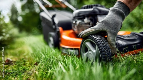 Close-up of a person's gloved hand on a lawnmower wheel in a grassy yard.