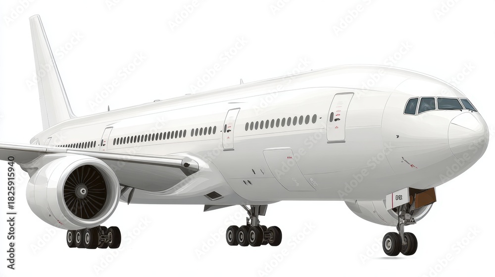 Obraz premium A large white commercial airplane is parked on the tarmac highlighting its modern design and powerful engines. The clear sky above adds to the scene's serenity and anticipation of travel.
