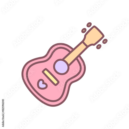 Cute guitar icon. Hand drawn illustration of a pink acoustic guitar isolated on a white background. Kawaii sticker. Vector 10 EPS.