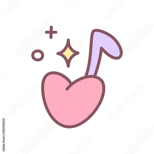 Cute musical note icon. Musical symbol in a cute heart shape with tiny sparkles, soft pastel palette. Kawaii sticker. Vector 10 EPS.