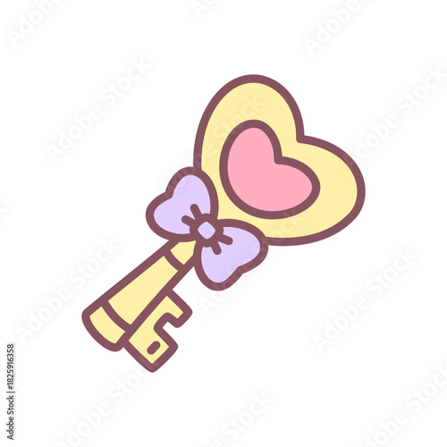 Cute key icon. Hand drawn illustration of a golden key with heart-shaped head and ribbon bow, romantic accessory in pastels. Kawaii sticker. Vector 10 EPS.