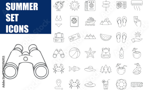 Summer Vacation and Travel Line Icon Set: Vector Illustration Collection of Beach, Tourism, Hotel, and Holiday Symbols in Thin Outline Style for Web and Mobile App Interface Design