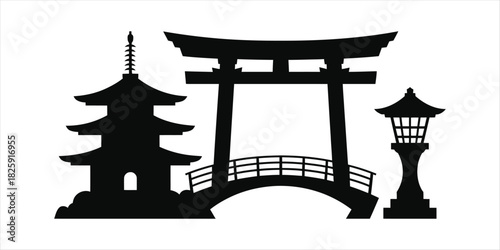 Japanese pagoda torii gate and lantern silhouette vector illustration design