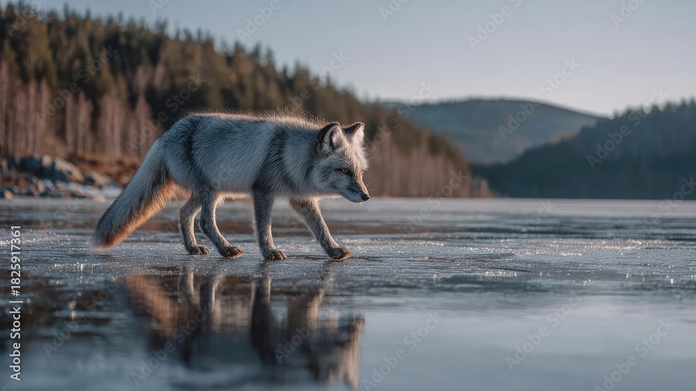 Fototapeta premium A fox walking on a frozen lake, its reflection visible in the ice. Concept Fox on a frozen lake, Reflection in the ice, Winter wildlife portrait, Tranquil snowy landscape, Soft morning light