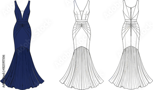 Women's evening gown vector illustration, mermaid silhouette dress flat sketch, deep v-neck, front and back technical drawing template, formal party wear design mockup.