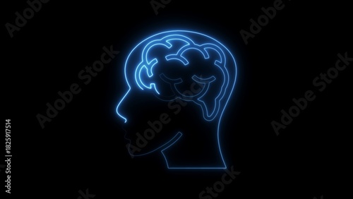 Blue neon outline of human head profile with brain inside on black background silhouette