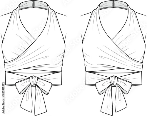 Women's fashion flat sketch of halter neck crop top with wrap design and tie waist bow, technical vector drawing template for apparel design.