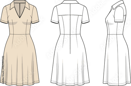 Women's fit and flare dress vector fashion flat sketch, beige polo style with collar, front back and side views, technical drawing template