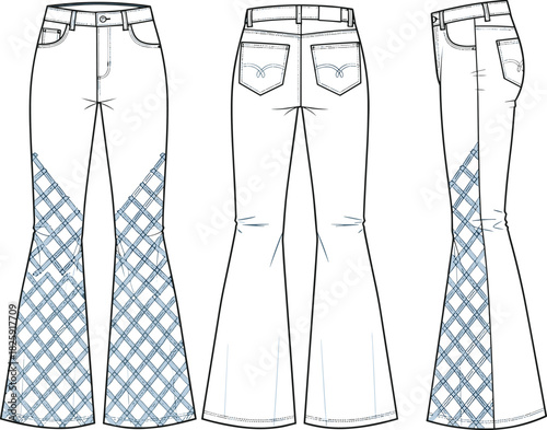 Women's flared jeans vector illustration, bell bottom denim pants flat sketch with lattice detail, front back side view technical drawing template, fashion design mockup.