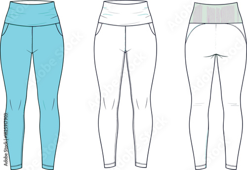 Women's high waist leggings vector illustration, yoga pants flat sketch with pockets, front and back technical drawing template, fitness apparel mockup.