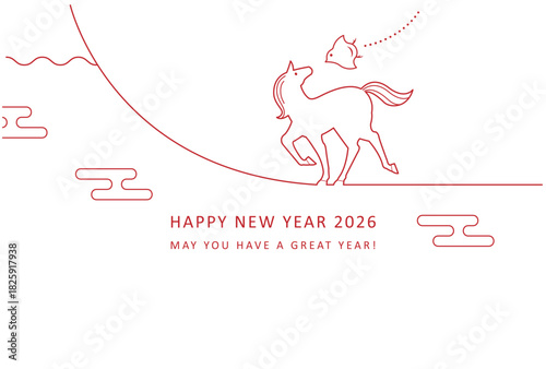 2026年午年ラインデザイン　馬と千鳥と富士山のおしゃれな年賀状