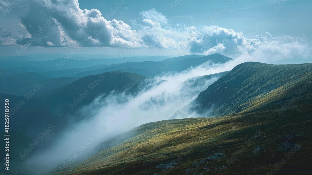 Fototapeta premium A ridge of green mountains with mist and clouds sweeping through a valley, distant blue hills fading into the horizon. Concept Misty mountain ridge, Valley fog and clouds, Verdant peaks