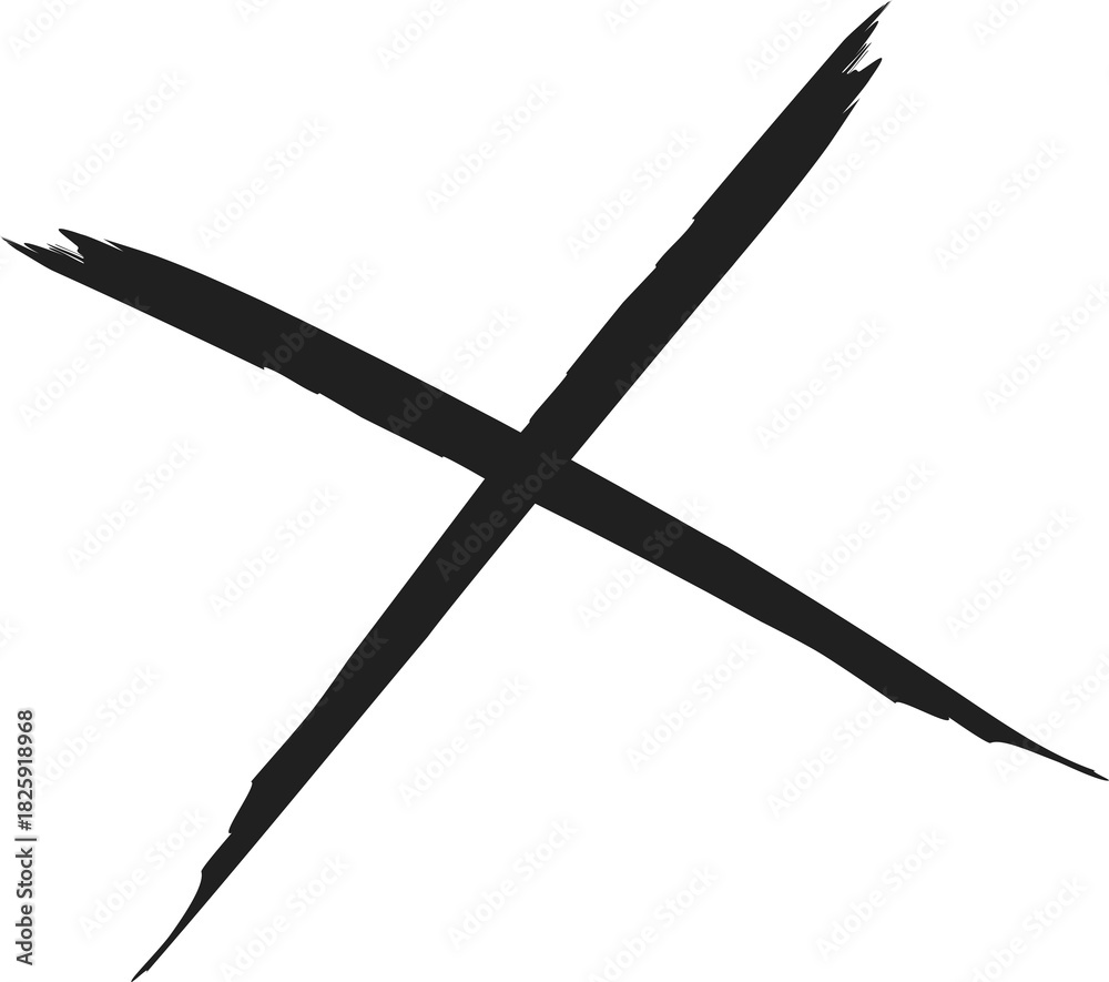 Naklejka premium Hand-drawn black cross symbol with rough brush strokes, error or rejection isolated on transparent background