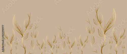 pattern with golden feathers on beige background. Vector illustration.