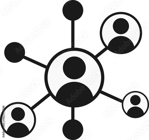 Simple network connection icon showing multiple nodes linked to a central circle. Ideal for teamwork concepts, communication systems, technology networks, collaboration, and social media graphics.
