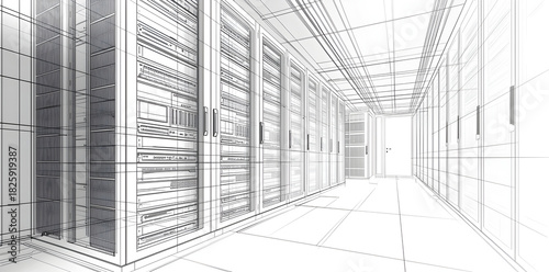 Cutting-Edge Data Center Interior Featuring Organized Server Racks, Optimized Digital Architecture, and Innovative Infrastructure Concepts for High-Performance Computing