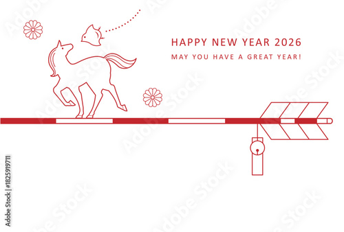 2026年午年ラインデザイン　馬と千鳥と破魔矢のおしゃれな年賀状