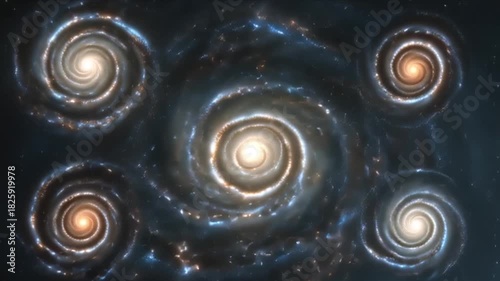 Cosmic shot showing several galaxies rotating in a true spiral motion, 4k video