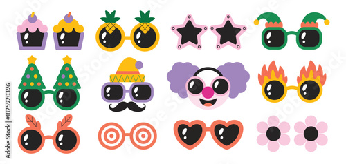 Party Eyeglasses Cartoon Set Vector Illustration Featuring Cute Spectacles With Christmas Tree, Daisy, Sombrero, Cupcakes, Clown Face, and Colorful Carnival Festival Accessory Designs