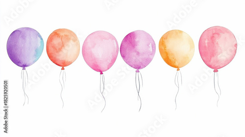 Colorful watercolor balloons in a row on white background. Balloons Around the World Day. Birthday Celebration Cake, International Cake Day