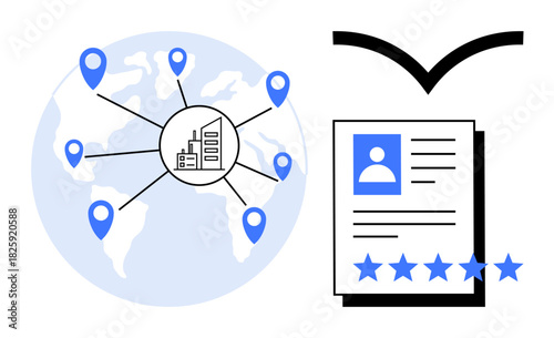 Map with location markers connected to a business hub and profile document with stars. Ideal for global business, talent acquisition, HR, networking, rating systems, documentation, reviews