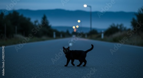 Black Cat on Dark Road at Night