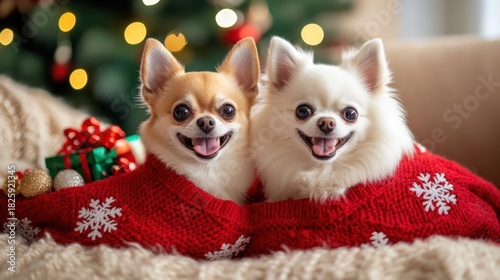 Adorable chihuahuas in red sweaters celebrating christmas with festive decor and gifts