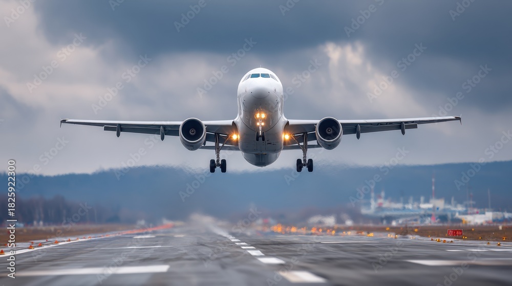 Obraz premium An airplane lifts from the runway under cloudy skies engines roaring as it embarks on a journey. The airport scenery adds to the dramatic atmosphere of departure.