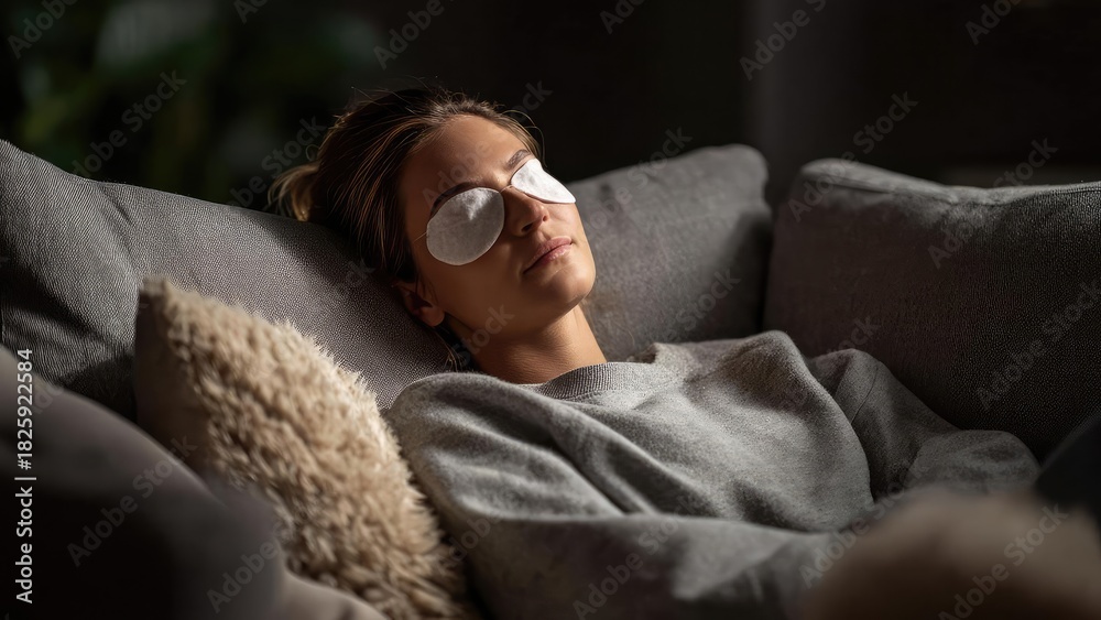 Obraz premium Relaxing woman on a gray sofa with white eye masks over her eyes, wearing a cozy gray sweater. Concept Relaxed woman on gray sofa, White eye masks, Cozy gray sweater, Home lounge photography